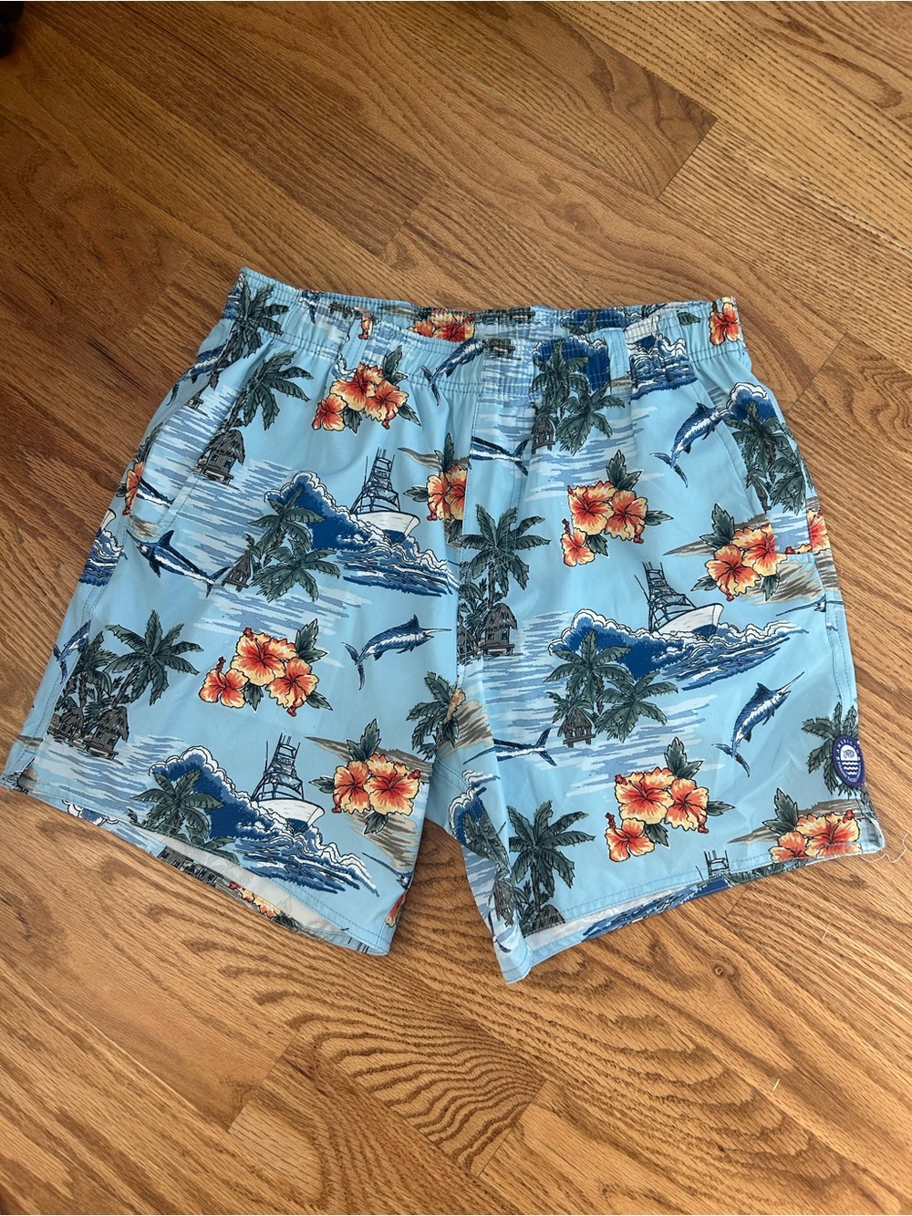 AFTCO Light Blue Hawaiian Floral & Palm Swim Trunks
